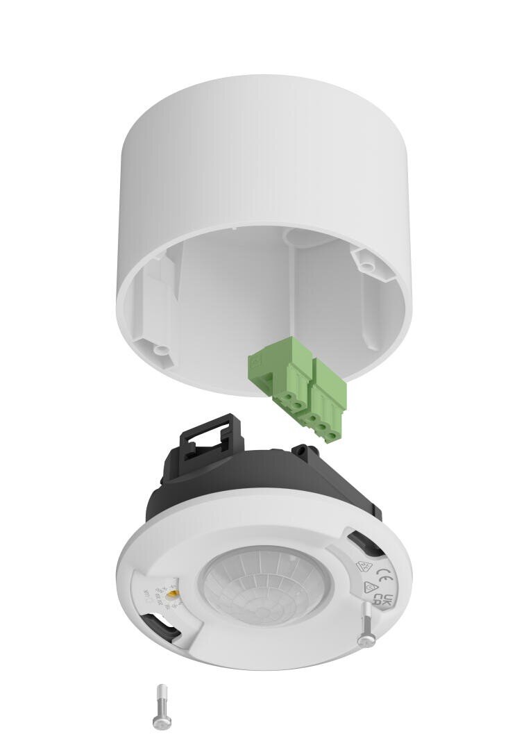 Vue éclatée d'un capteur de mouvement monté au plafond, montrant le boîtier extérieur blanc, les connexions de câbles internes et l'unité de capteur avec deux petites vis en dessous.