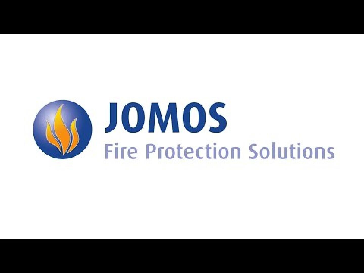 Logo für JOMOS Fire Protection Solutions, bestehend aus einem blauen Kreis mit einem gelben Flammensymbol auf der linken Seite und dem Firmennamen in blauer und grauer Schrift auf weißem Hintergrund.