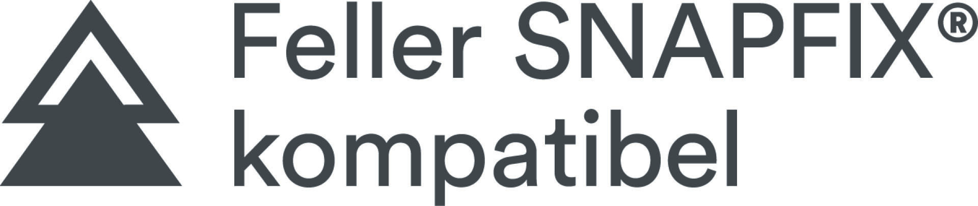 Schwarzes Dreieckslogo neben dem Text Feller SNAPFIX® kompatibel in fetten, dunkelbraunen Buchstaben auf weißem Hintergrund.