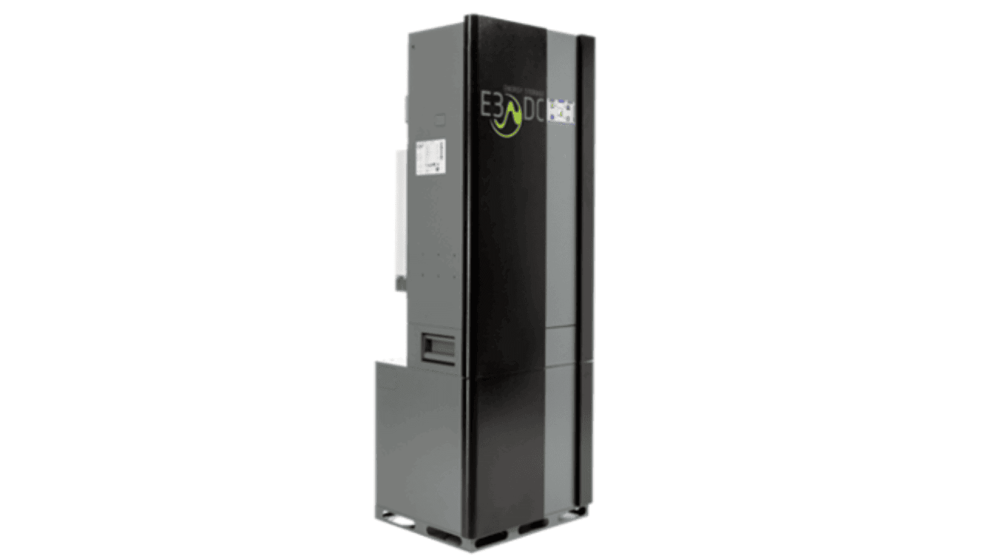 Une haute armoire industrielle noire portant l'étiquette E300DC Modular et un petit panneau d'affichage, probablement utilisé pour du matériel électrique ou technologique, sur un fond blanc.