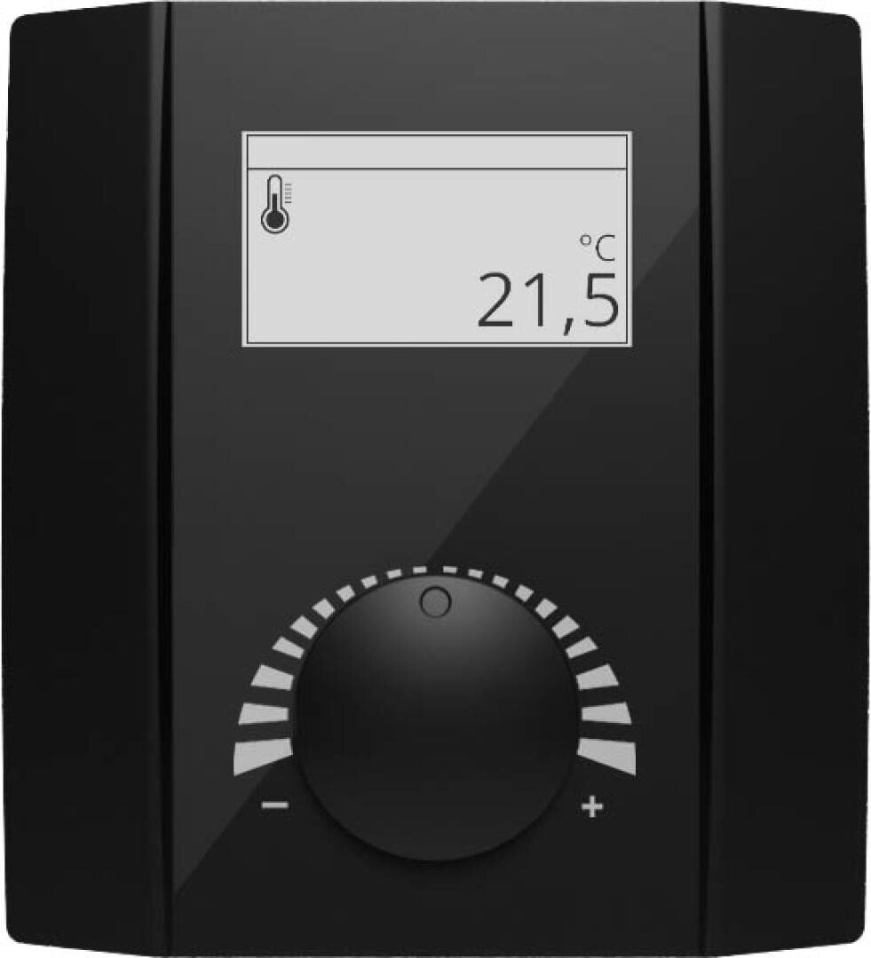 Ein schwarzer digitaler Thermostat mit einem Display, das eine Temperatur von 21,5°C anzeigt, und einem Drehrad unter dem Display zur Einstellung der Temperatur.