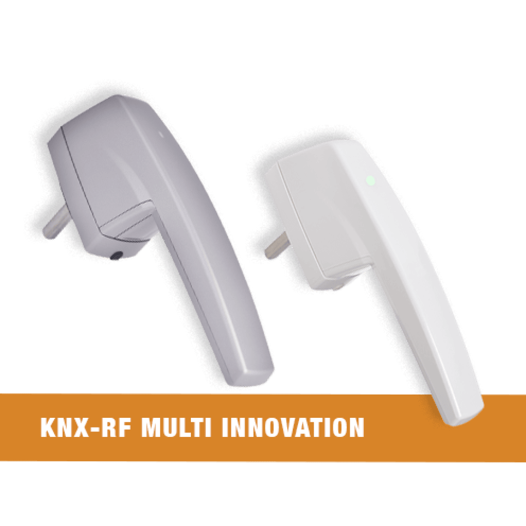 Zwei moderne elektronische Türgriffe, ein grauer und ein weißer, sind auf weißem Hintergrund über einem orangefarbenen Banner mit der Aufschrift KNX-RF MULTI INNOVATION abgebildet.