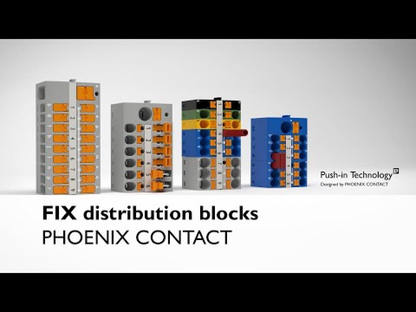 Cinq blocs de distribution électrique de différentes couleurs sont représentés sur un fond blanc. Le texte est le suivant : Blocs de distribution FIX PHOENIX CONTACT et Push-in Technology Designed by PHOENIX CONTACT.