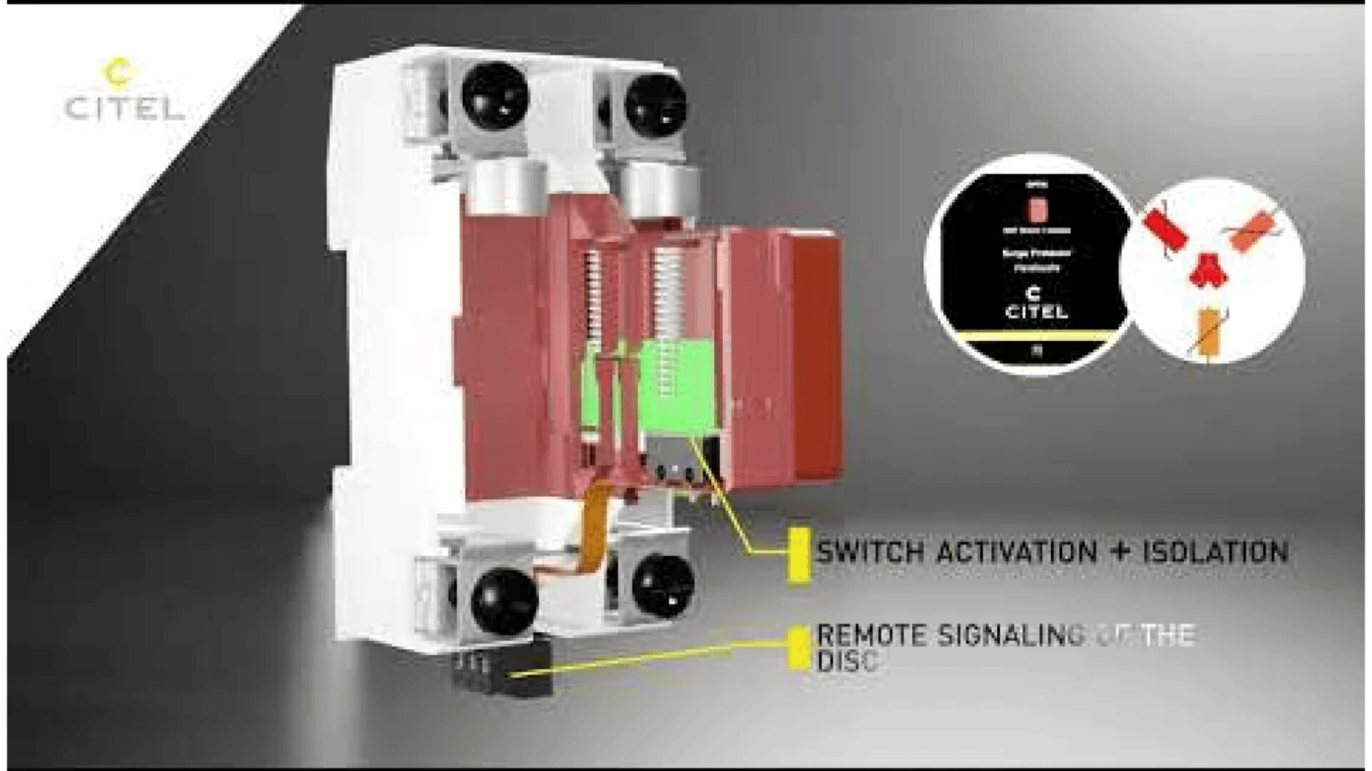 Ein elektrisches Gerät von Citel wird mit beschrifteten Funktionen gezeigt: Schalteraktivierung + Isolierung und Fernsignalisierung der Scheibe. Ein Einschub hebt den internen Mechanismus des Geräts und einen Display-Bildschirm hervor.