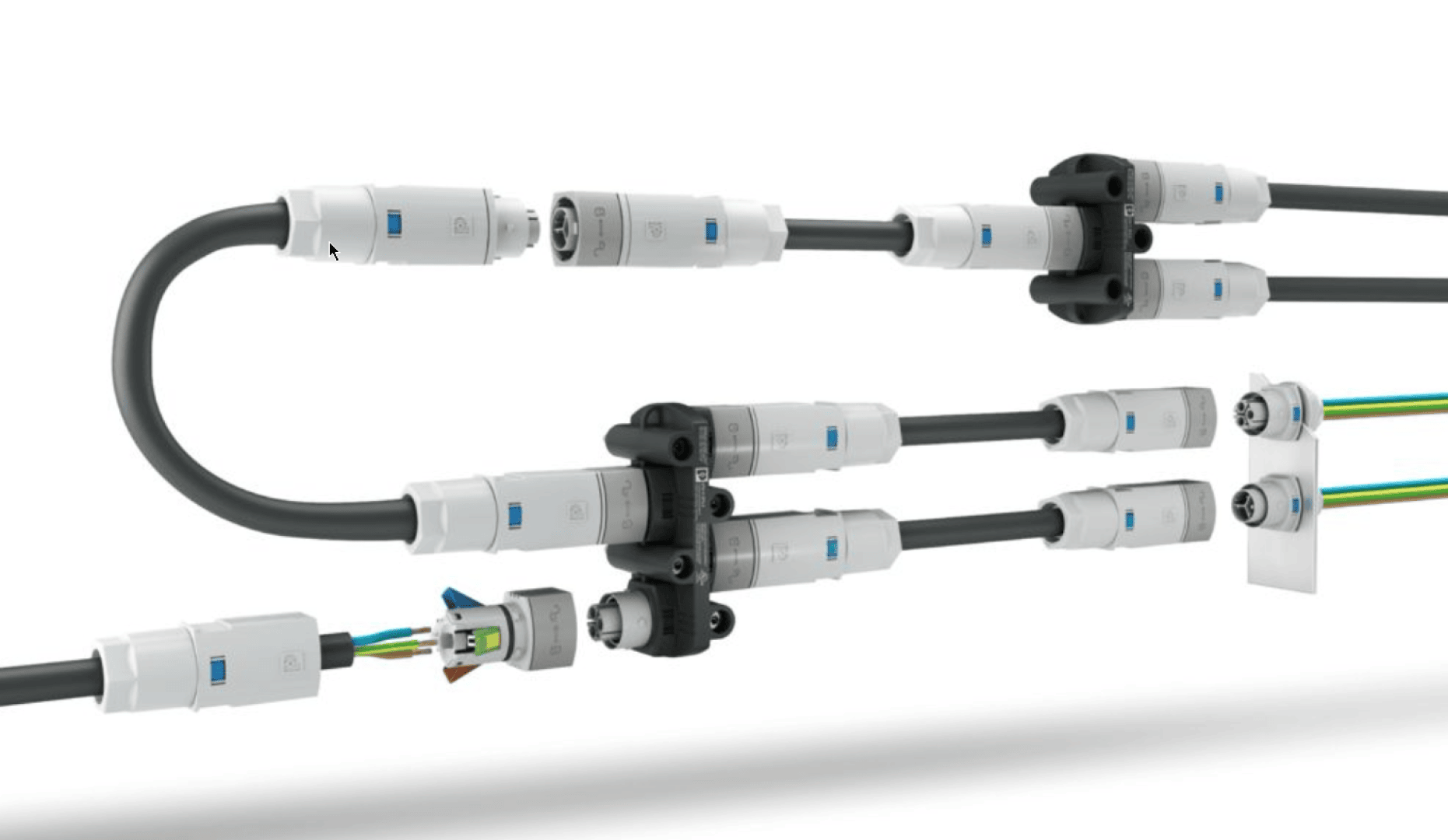 Série de connecteurs et de câbles électriques modulaires, certains assemblés et d'autres désassemblés, montrant le câblage interne et les configurations de connexion sur un fond blanc.