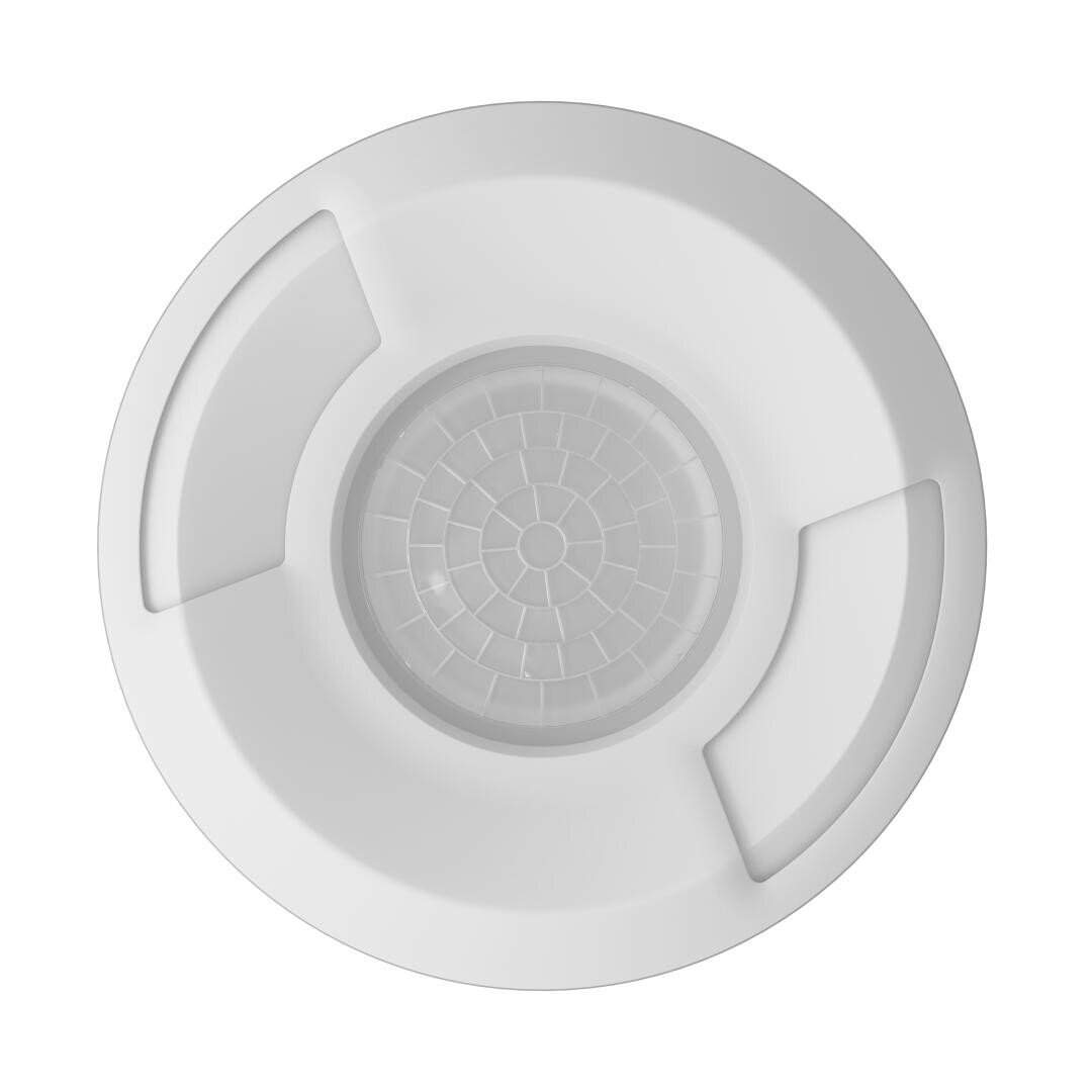 Vue de dessus d'un détecteur de fumée rond et blanc ou d'un appareil monté au plafond avec un motif de grille centrale et trois sections en retrait réparties uniformément sur le bord extérieur.