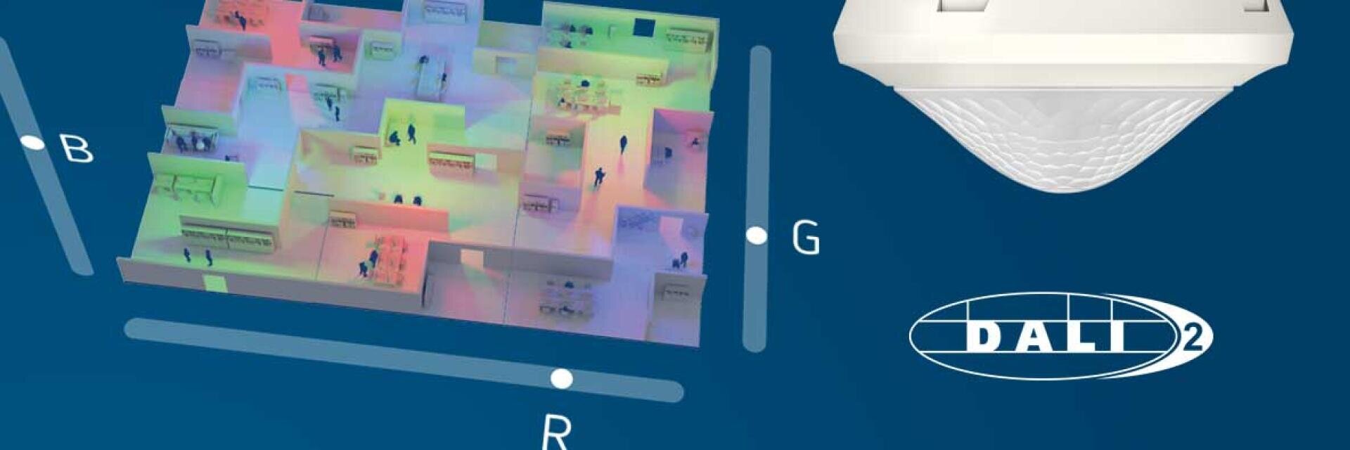 Diagramm eines Grundrisses mit farbigen Lichteffekten, einem Deckensensor und dem DALI-2-Logo auf blauem Hintergrund mit beschrifteten Achsen B, G und R.
