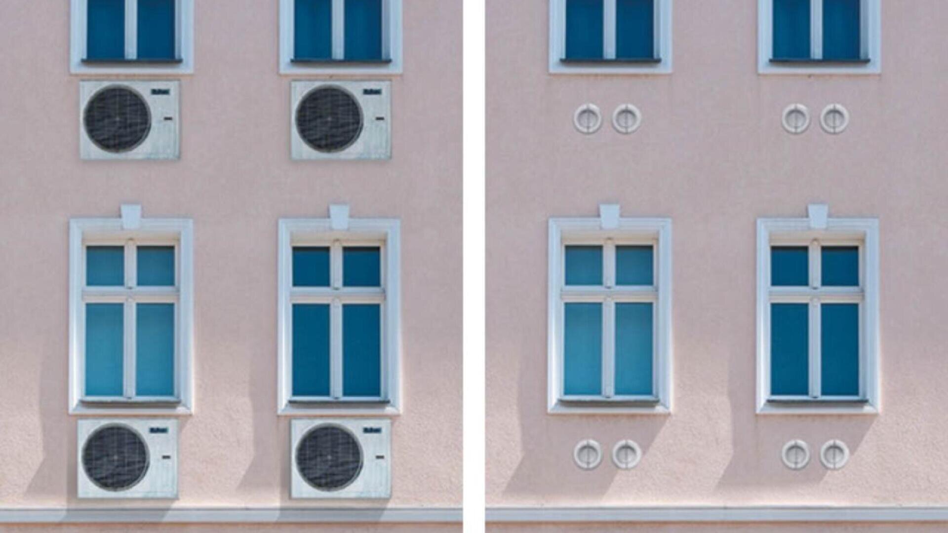 Images côte à côte d'un bâtiment beige avec des fenêtres bleues ; le côté gauche présente des unités de climatisation montées sous les fenêtres, tandis que le côté droit montre les mêmes fenêtres sans les unités, ne laissant que des marques circulaires.