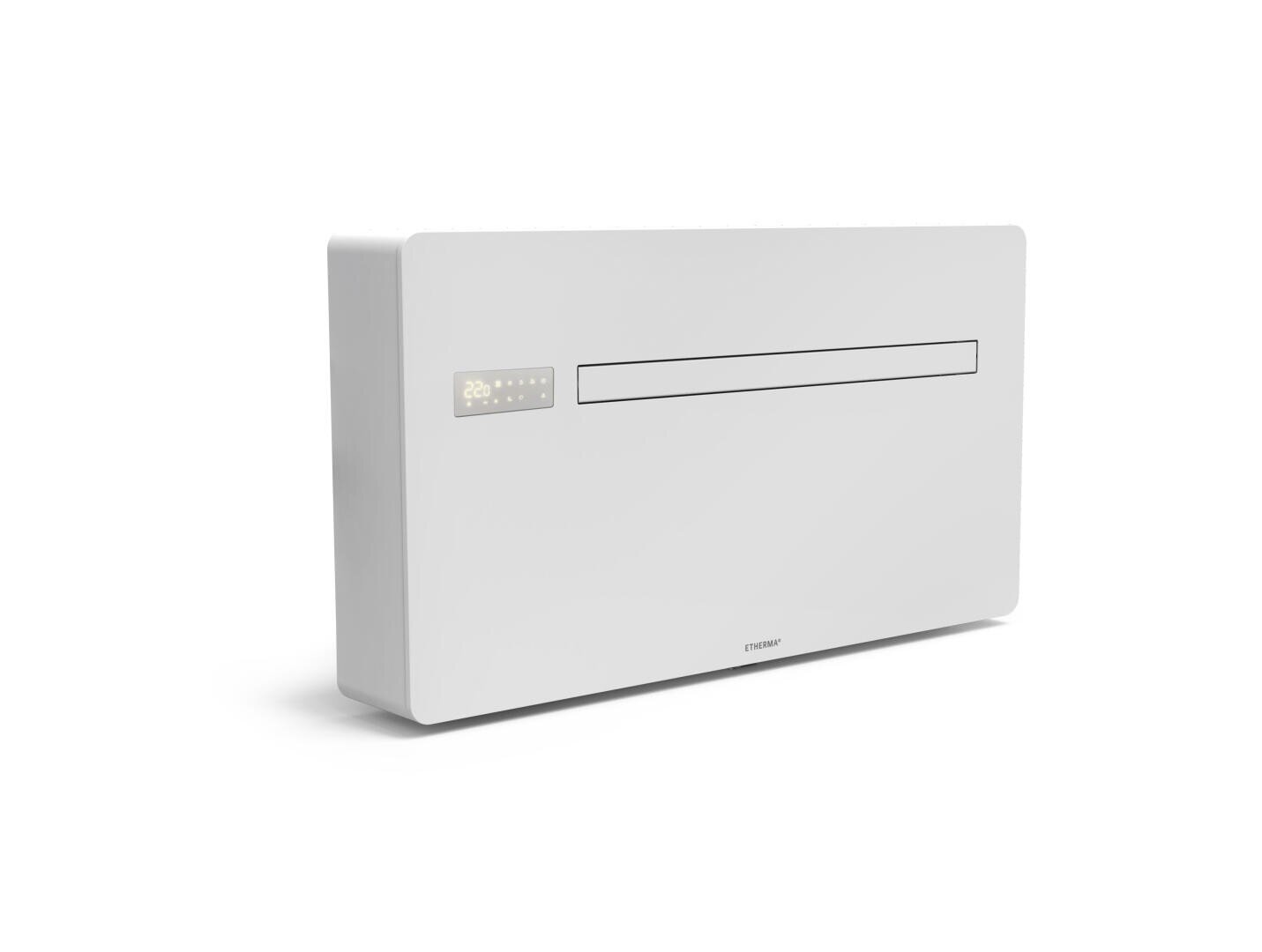 Ein modernes, rechteckiges, weißes, wandmontiertes Klimagerät mit einem digitalen Display, das Temperatur und Einstellungen auf der linken Seite anzeigt. Das Design ist minimalistisch und schlank, mit einer horizontalen Lüftungsöffnung auf der Vorderseite.
