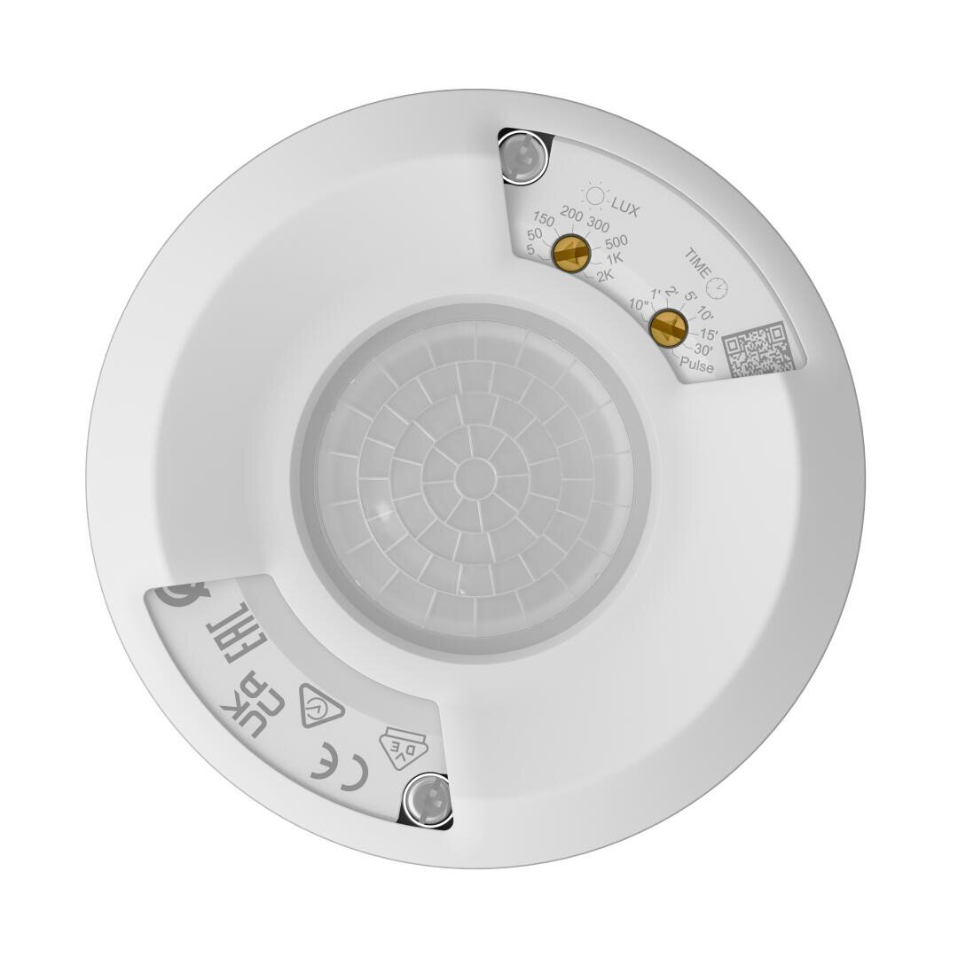 Détecteur de mouvement de plafond circulaire blanc avec molettes de réglage et étiquettes d'affichage, vu de dessous. Au centre se trouve une lentille de détection en forme de grille, et plusieurs symboles et chiffres sont imprimés sur l'appareil.