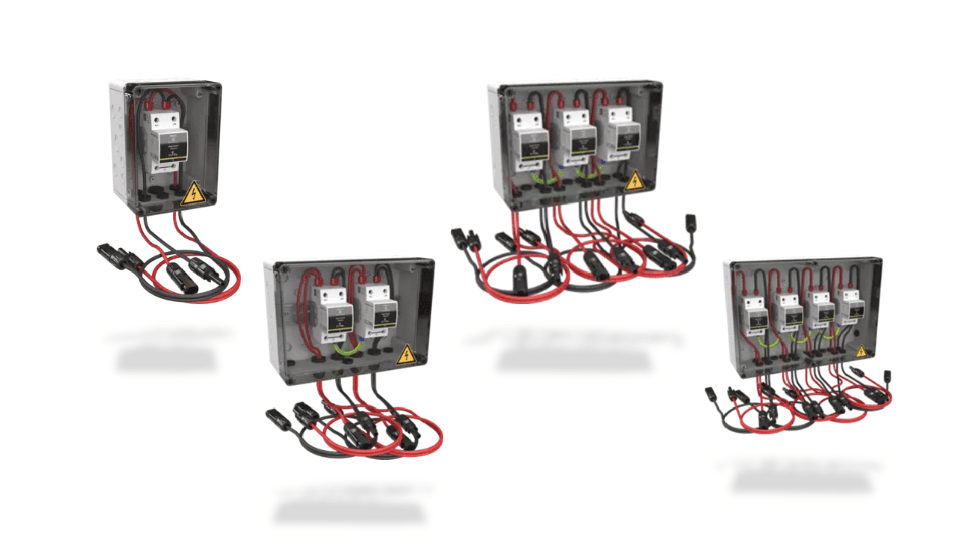 Vier elektrische Verteilerkästen mit Schaltern und mehreren roten und schwarzen Drähten, die an Steckdosen angeschlossen sind, dargestellt vor einem weißen Hintergrund mit leichten Schatten unter jedem Kasten.