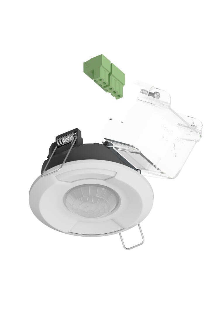 Un capteur de mouvement blanc, rond, monté au plafond, avec un boîtier noir, des clips de fixation en métal, un couvercle en plastique transparent et un connecteur de bornier vert, le tout sur fond blanc.