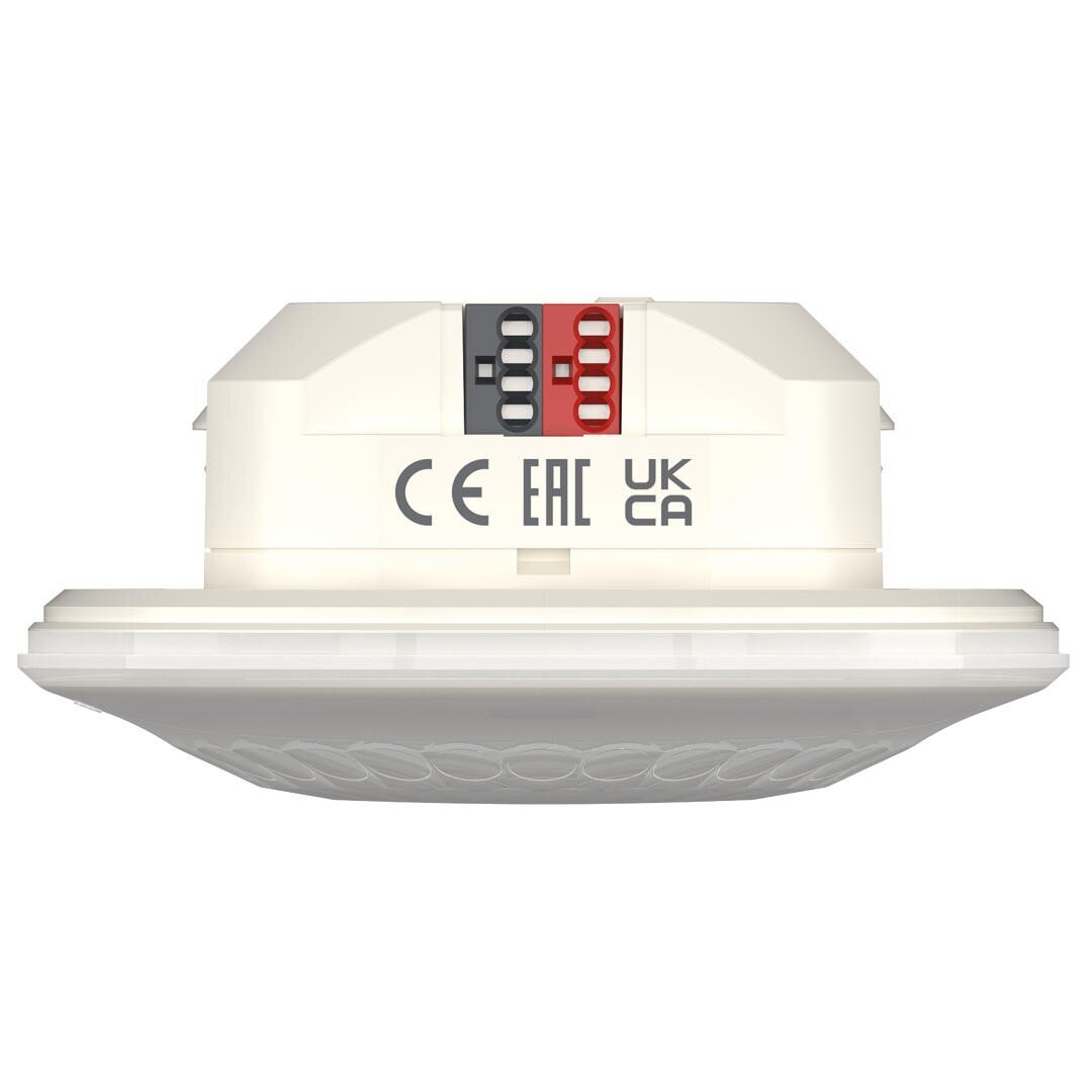 Weißes elektronisches Gerät mit rundem Sockel, sichtbaren schwarzen und roten Schaltern und Zertifizierungskennzeichen (CE, EAC, UKCA) an der Seite, dargestellt vor einem unifarbenen Hintergrund.