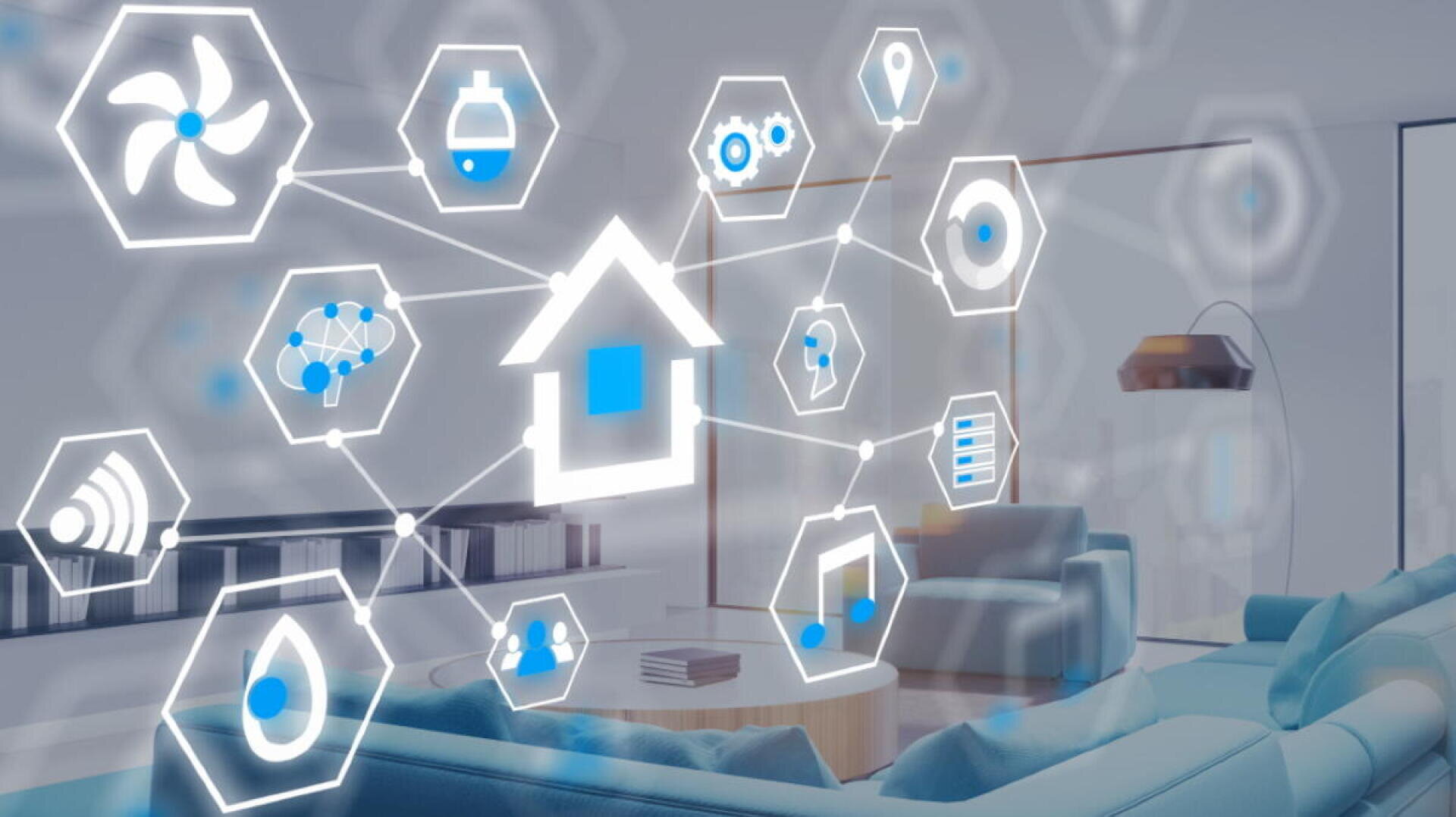 Un salon moderne avec des icônes de maison intelligente superposées, représentant diverses technologies connectées telles que l'éclairage, la sécurité, la musique et la climatisation, illustrant le concept d'un environnement de maison intelligente connectée.