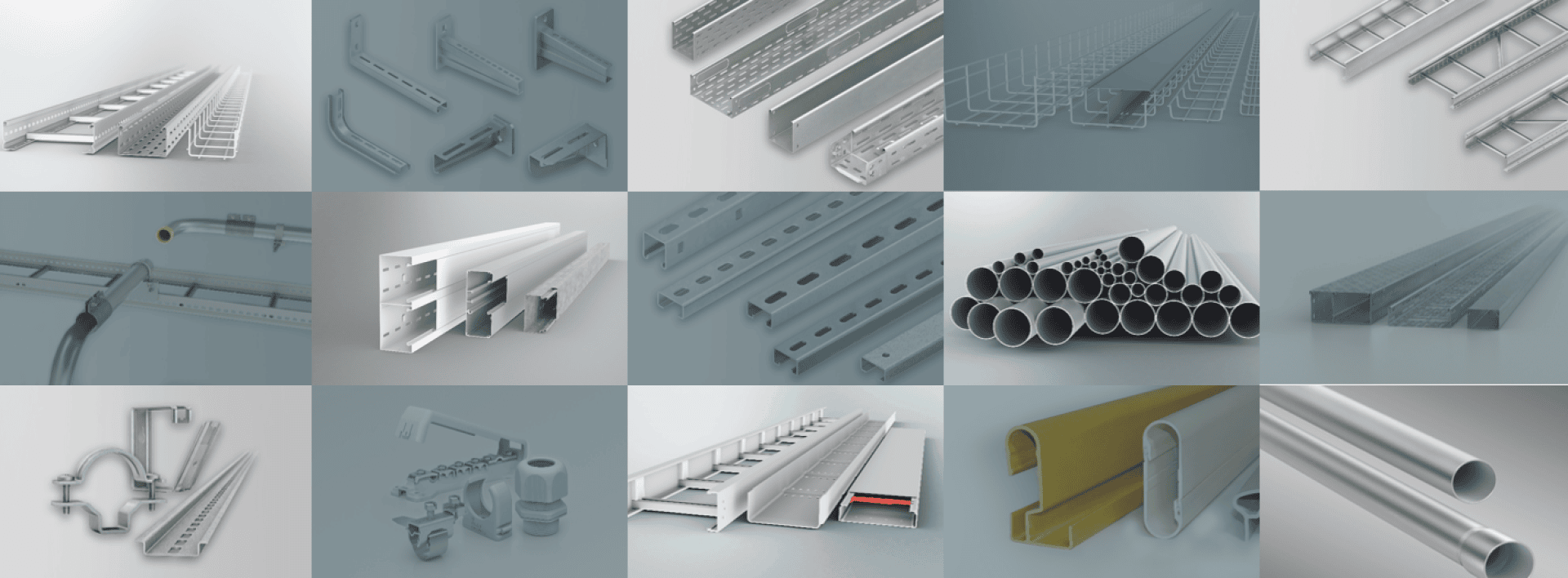 Un collage de quinze images présente divers matériaux de construction métalliques, notamment des canaux, des supports, des tuyaux, des cadres structurels et des raccords, tous de tailles, de formes et de finitions différentes, disposés en grille sur un fond neutre.