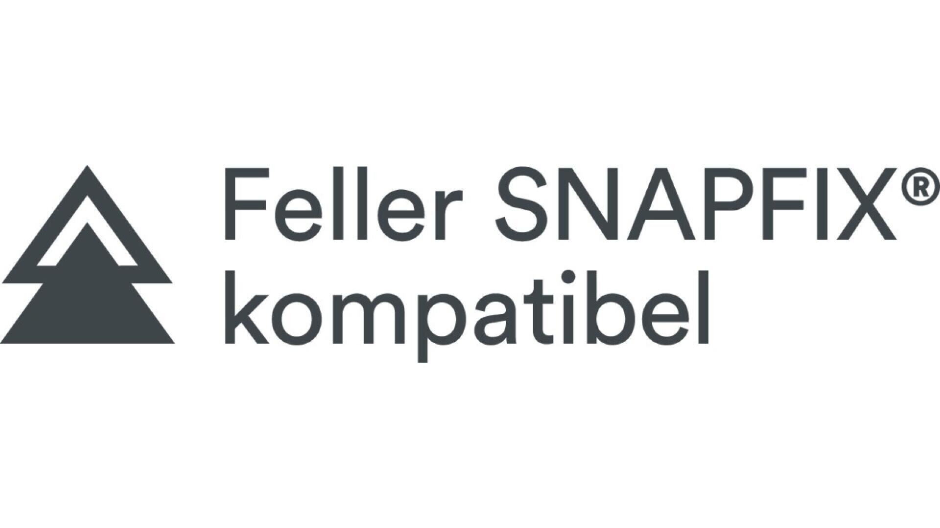 Logo avec un triangle stylisé et deux lignes, à côté du texte Feller SNAPFIX kompatibel en lettres grises sur fond blanc.