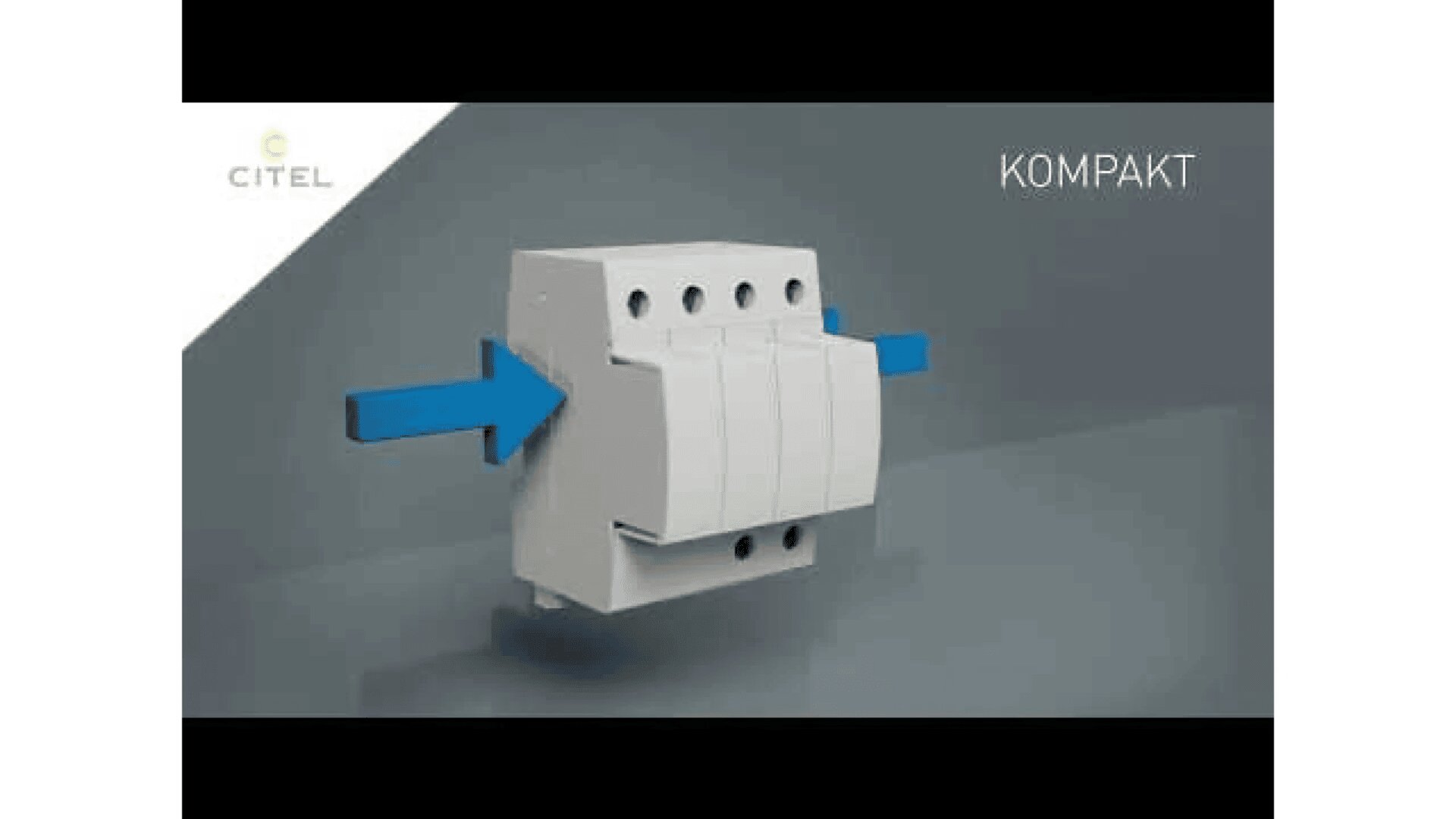 Un appareil électrique blanc avec quatre interrupteurs est représenté avec des flèches bleues pointant vers la gauche et la droite. Le mot KOMPAKT et le logo CITEL apparaissent dans les coins supérieurs. Le fond est gris.