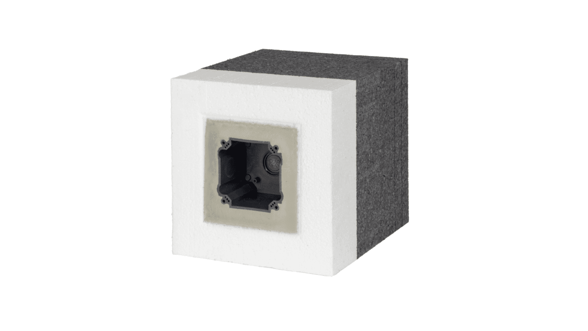 Un bloc de construction en forme de cube avec un extérieur blanc, un intérieur gris foncé et une découpe carrée sur un côté contenant une boîte de prise électrique.