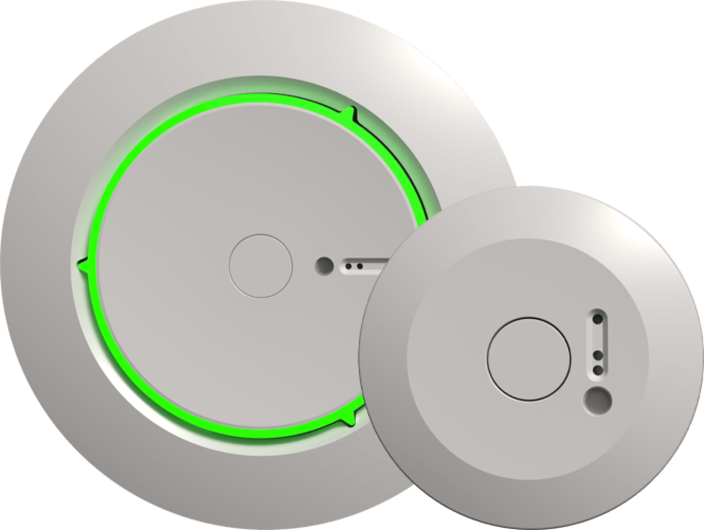 Deux appareils ronds et métalliques de tailles différentes au design minimaliste. Le plus grand appareil a un anneau vert lumineux près de son bord, tandis que les deux ont de petites marques circulaires et rectangulaires sur leur surface.