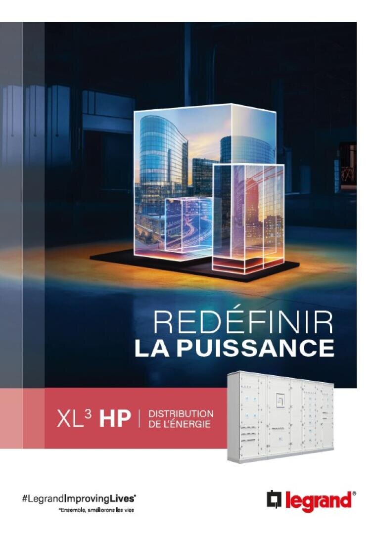 Ein digitales Plakat, das eine Stadtlandschaft mit modernen Gebäuden im Inneren eines leuchtenden Würfels zeigt. Der französische Text lautet Redéfinir la puissance und XL³ HP Distribution de lénergie. Das Legrand-Logo und ein Schaltschrank erscheinen am unteren Rand.