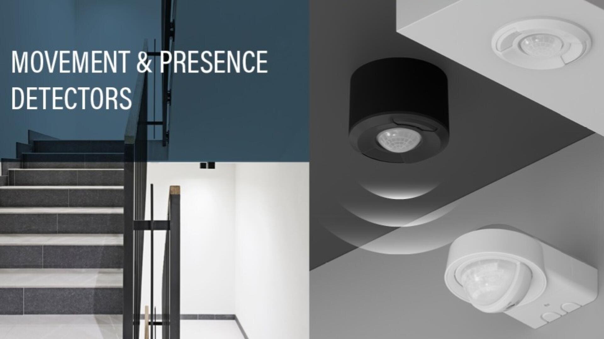 Une cage d'escalier moderne avec des rampes métalliques à gauche et des gros plans de détecteurs de mouvement et de présence montés au plafond en noir et blanc à droite. Le texte est MOVEMENT & PRESENCE DETECTORS.