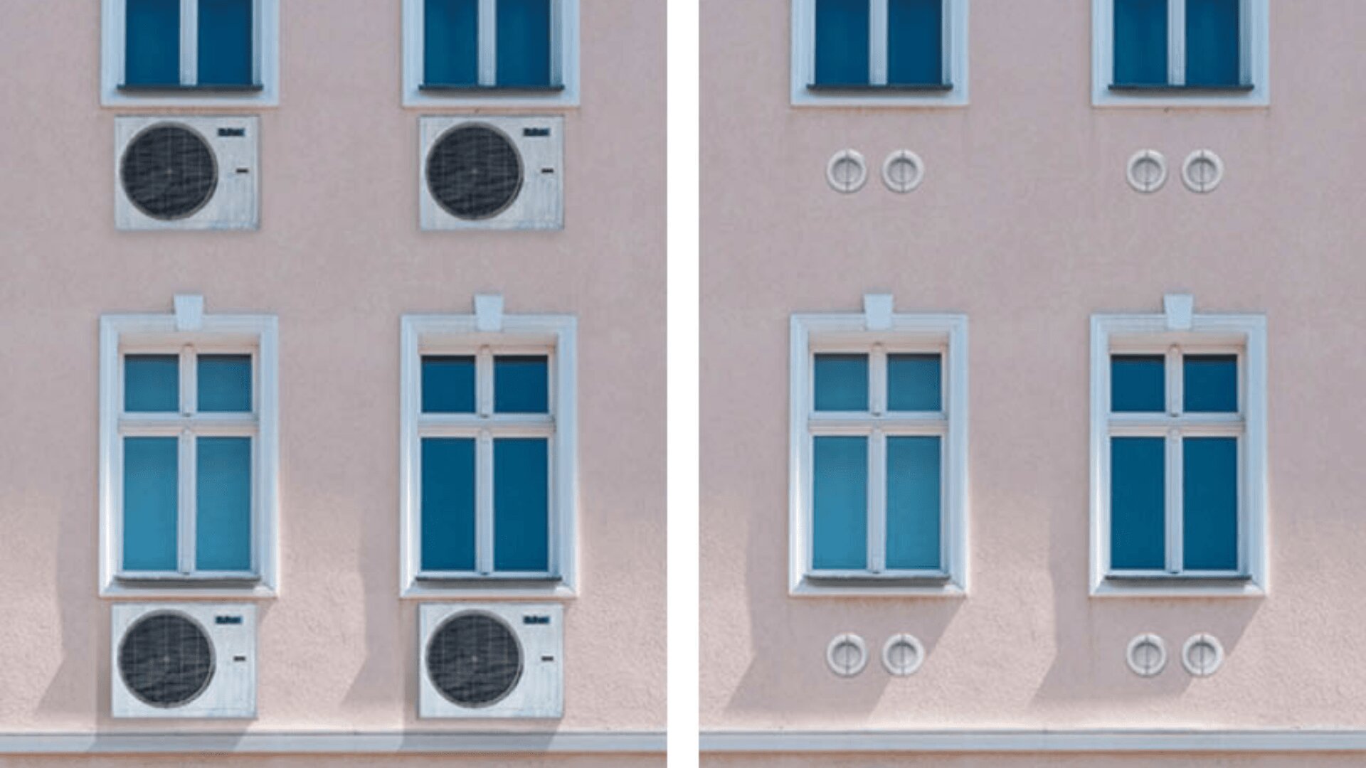 Die linke Seite zeigt drei Klimaanlagen, die unter den Fenstern angebracht sind, während die rechte Seite die gleichen Fenster zeigt, bei denen die Klimaanlagen digital entfernt wurden.