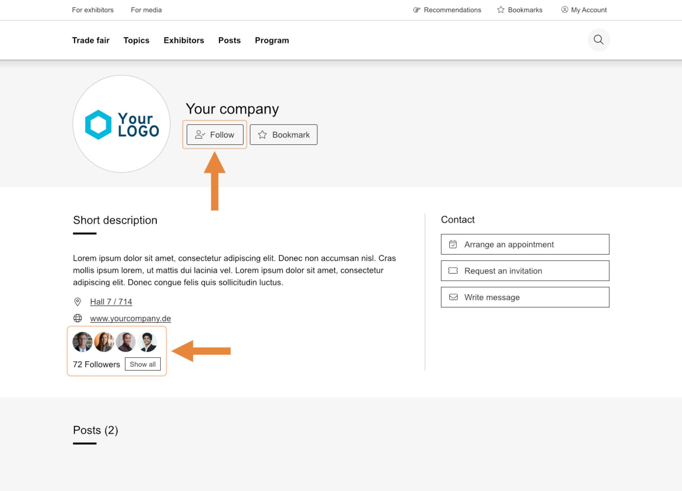 Page de profil d'entreprise avec un logo, des boutons « Suivre » et « Favoris », une courte description, un lien vers un site web et une section présentant 72 abonnés avec photos de profil. Les flèches orange pointent vers les options « Suivre » et le nombre d'abonnés.