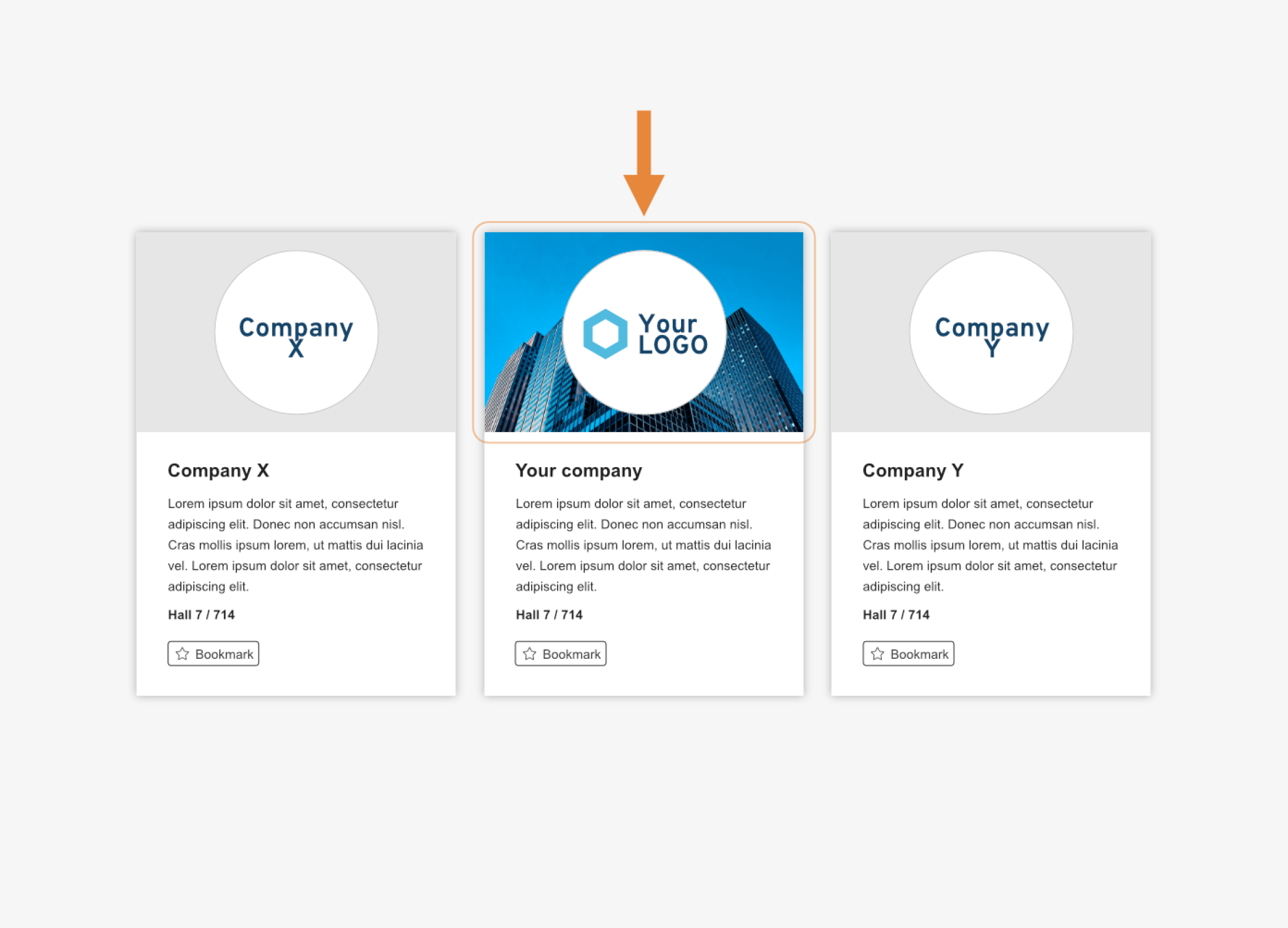 Trois cartes de profil d'entreprise sont affichées. La carte du milieu, soulignée par une flèche orange, présente un logo circulaire avec des gratte-ciel et le texte « Votre entreprise ». Les deux autres cartes sont intitulées Entreprise X et Entreprise Y.