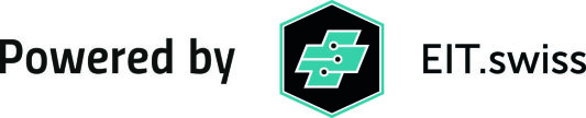Powered by EIT.swiss-Logo mit einem grün-schwarzen Sechseck mit einem stilisierten elektronischen Schaltkreissymbol zwischen den Wörtern.