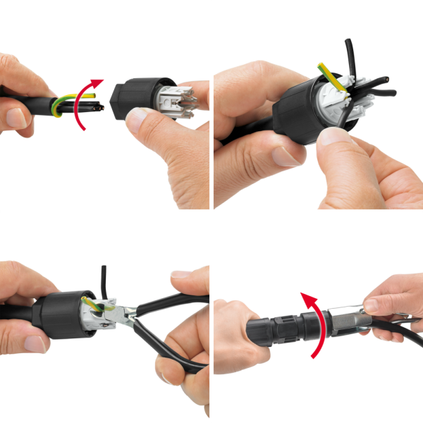 Instructions photographiques en quatre étapes montrant comment les mains relient des fils électriques à un connecteur noir : Dévisser le capuchon, insérer les fils, serrer les vis avec une pince, puis revisser le capuchon. Des flèches indiquent les différentes étapes.