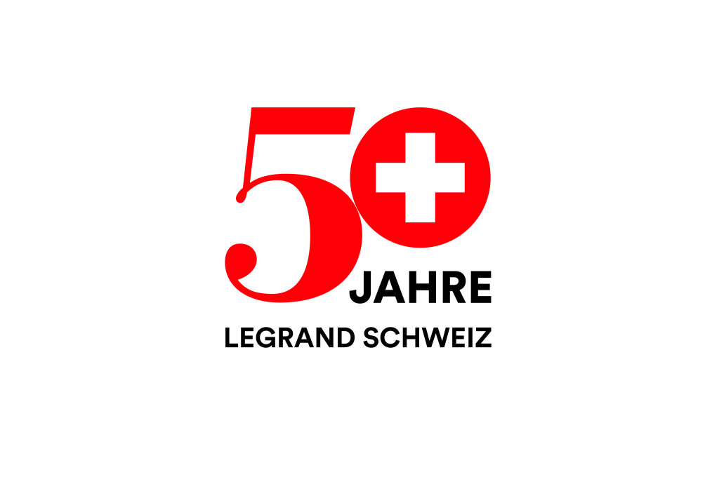 L'image représente 50 ans, le zéro étant remplacé par un cercle rouge avec une croix blanche. En dessous, on peut lire Legrand Suisse, pour célébrer les 50 ans de Legrand en Suisse.