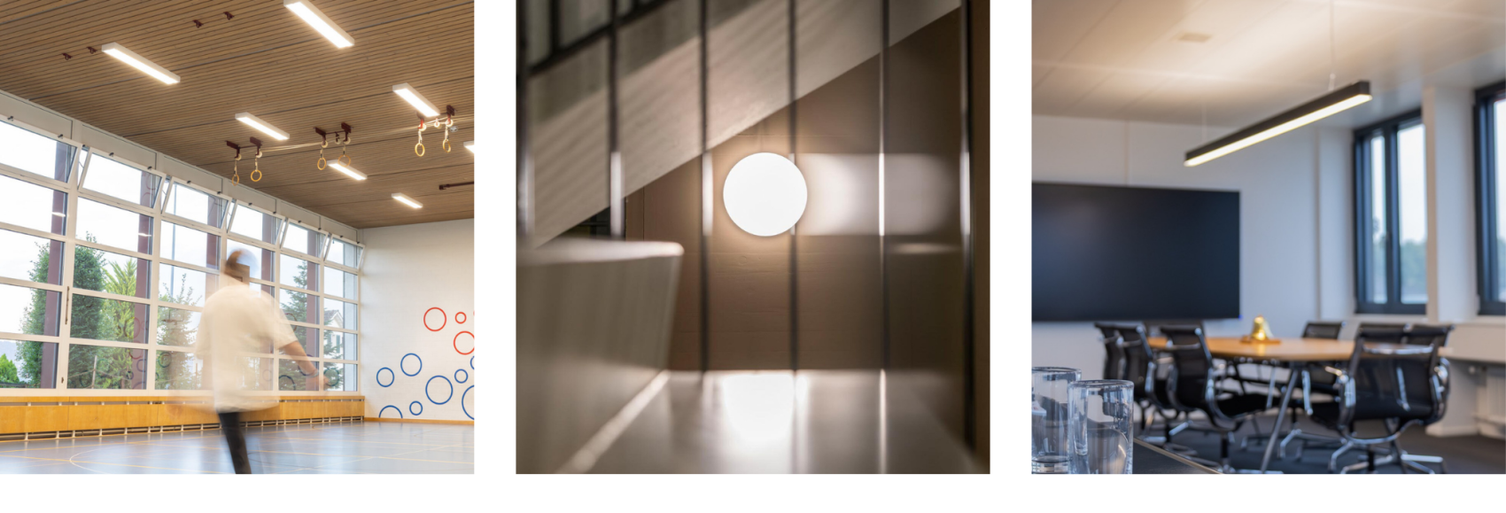 Trois photos : une salle de sport avec une personne floue en train de marcher, un gros plan sur un luminaire rond fixé à un mur et une salle de conférence moderne avec une longue table et des chaises.